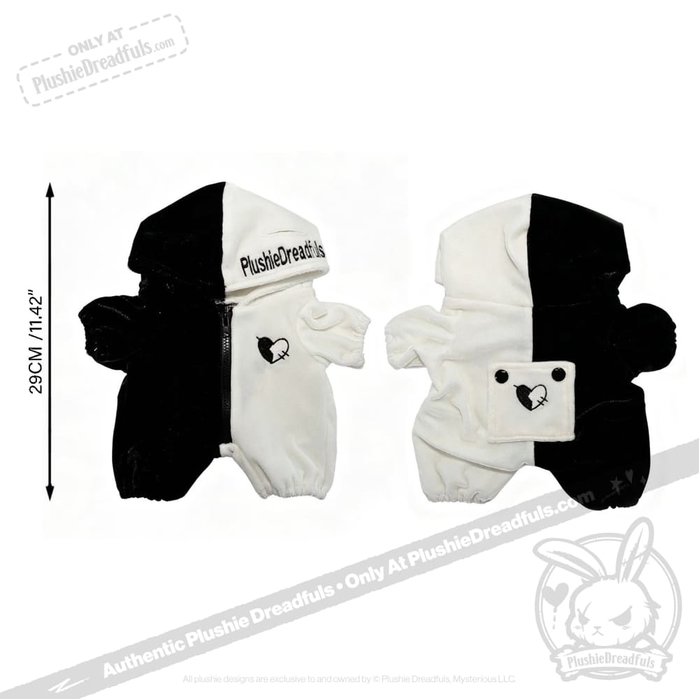 Black and white Plushie Dreadfuls dog hoodie with heart patch, fits regular sized plushies. 29 cm long, front and back shown.