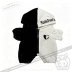 Black and white plushie jumpsuit outfit with Plushie Dreadfuls text and a stitched heart design on the chest.