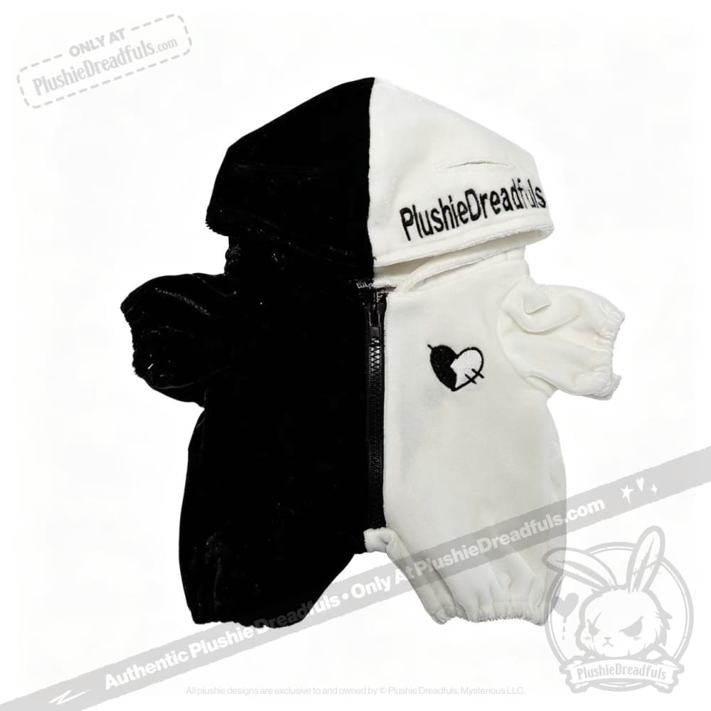 Black and white plushie jumpsuit outfit with Plushie Dreadfuls text and a stitched heart design on the chest.