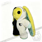 Plush yellow bunny with long ears, wearing a plushie jumpsuit hoodie in true Plushie Dreadfuls style.