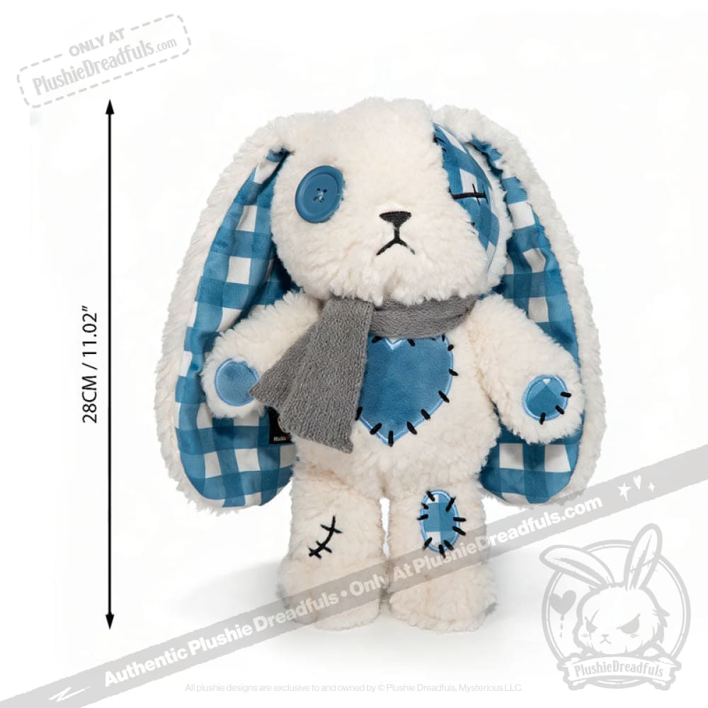 Blueplaid plush bunny with button eye, long ears, gray scarf—perfect for sending love letters across the Seas of Love.
