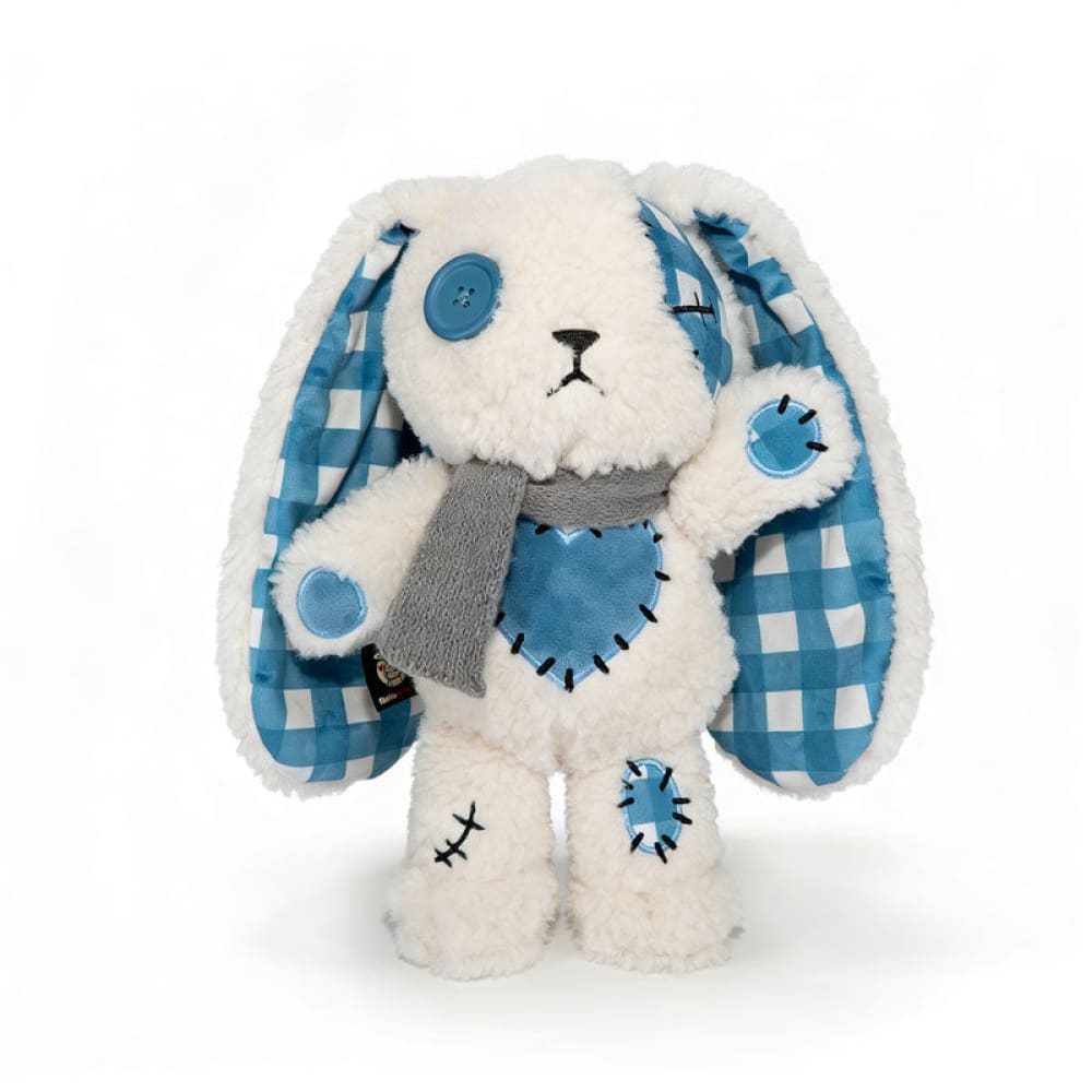 Blueplaid plush bunny with button eye, scarf, and checkered ears stands upright—ready to deliver your love letters.