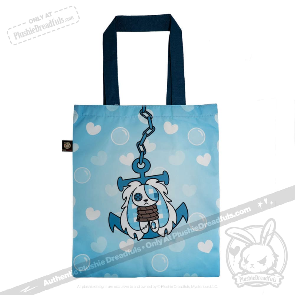 Light blue tote bag with dark handles, heart bubbles, and a cute Blueplaid plush anchor from the Seas of Love collection.