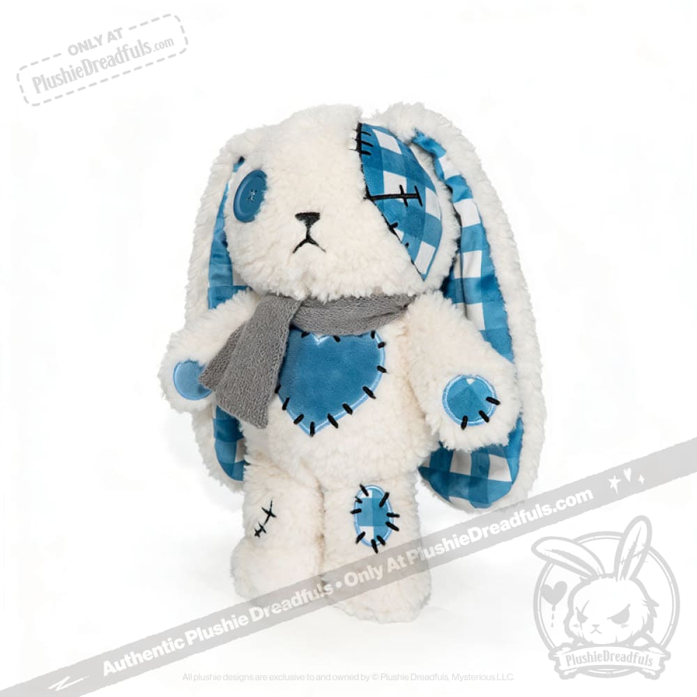 Plush white bunny with blue plaid plush patchwork, button eyes, long ears, gray scarf—ready for Seas of Love adventures.