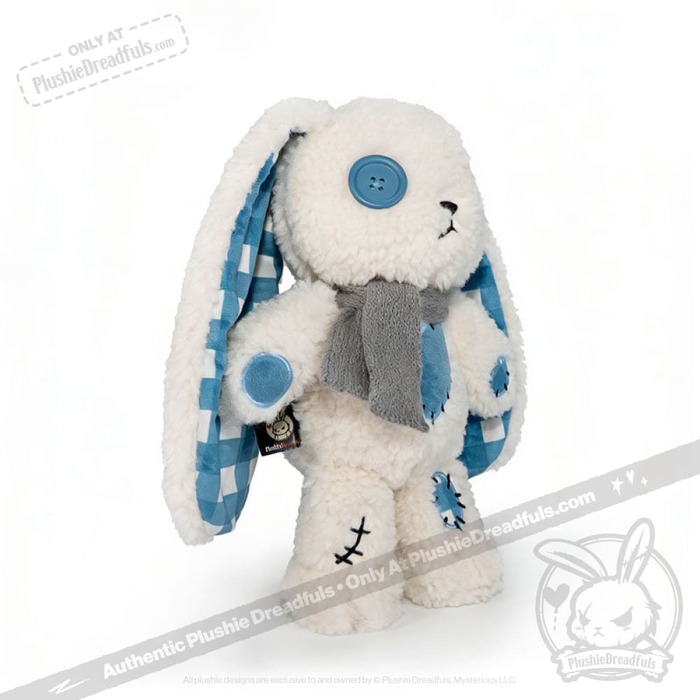 Blueplaid plush bunny toy with blue button eyes, gray scarf, and love letters stitched on its blue plaid ear patches.