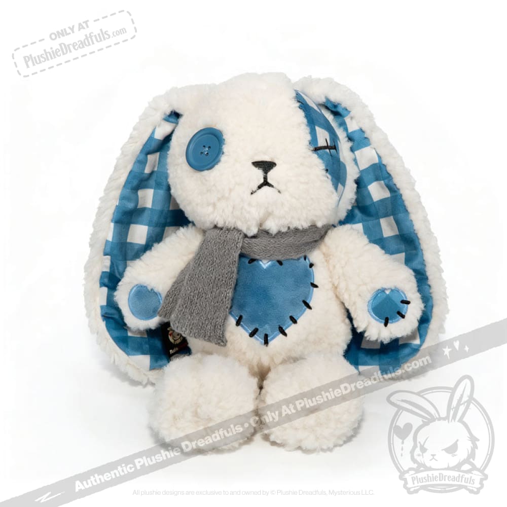 Plush white bunny with blueplaid ears, button eyes, blue patches, gray scarf—perfect for Seas of Love cuddles.