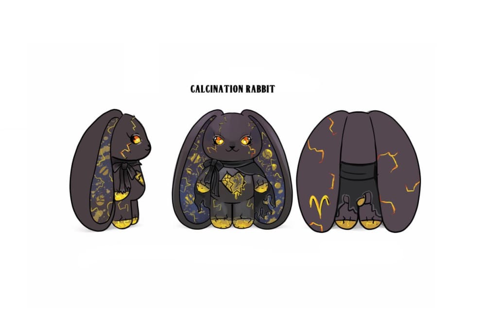 A prototyping black bunny Plushie with gold cracks and glowing eyes, shown from side, front, and back views.