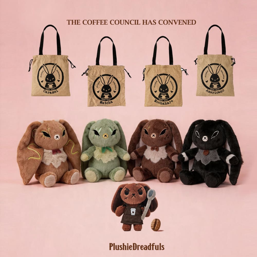 Four Latte Lapin plushies with coffee themes, Coffee Council Bundle tote bags above, “PlushieDreadfuls” below on pink.