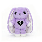 Plush purple bunny with droopy ears, semicolon symbol, black broken heart patch, and sad eyes—depression awareness.