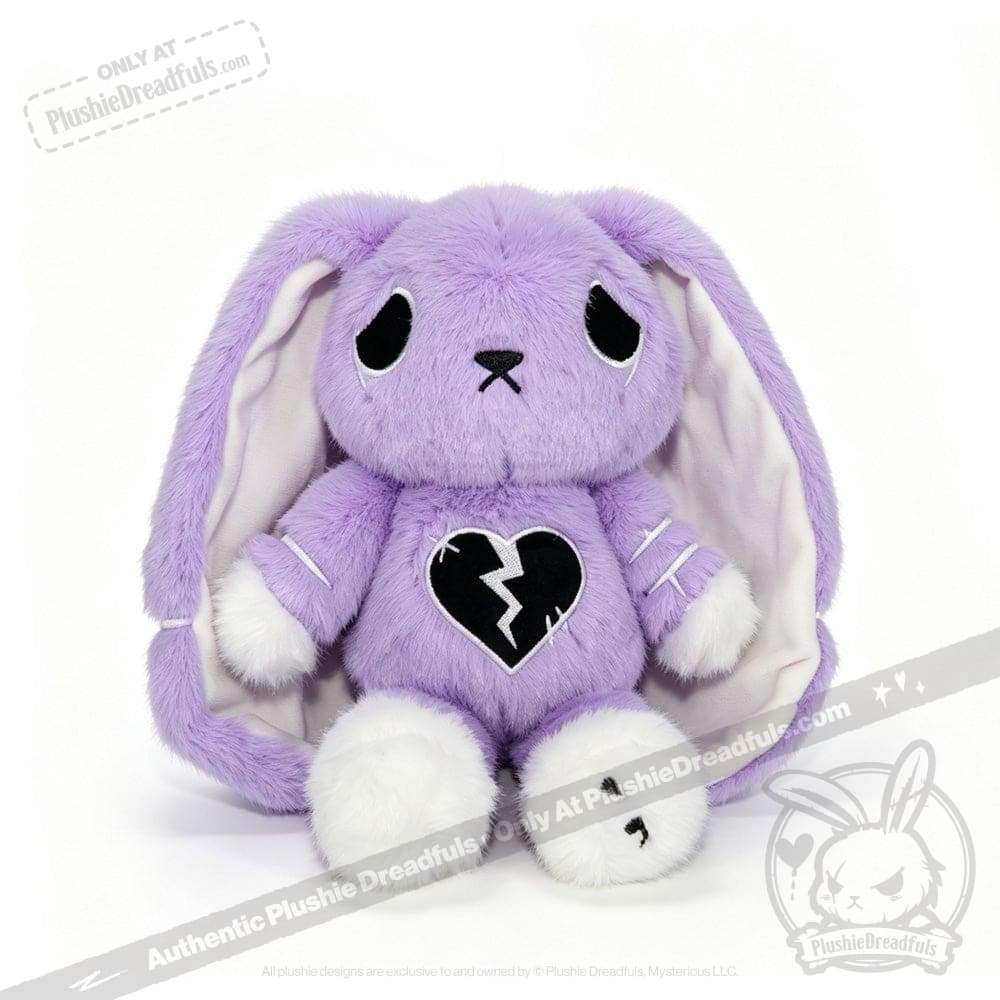 Plush purple bunny with droopy ears, sad eyes, and semicolon symbol on its chest, raising depression awareness.