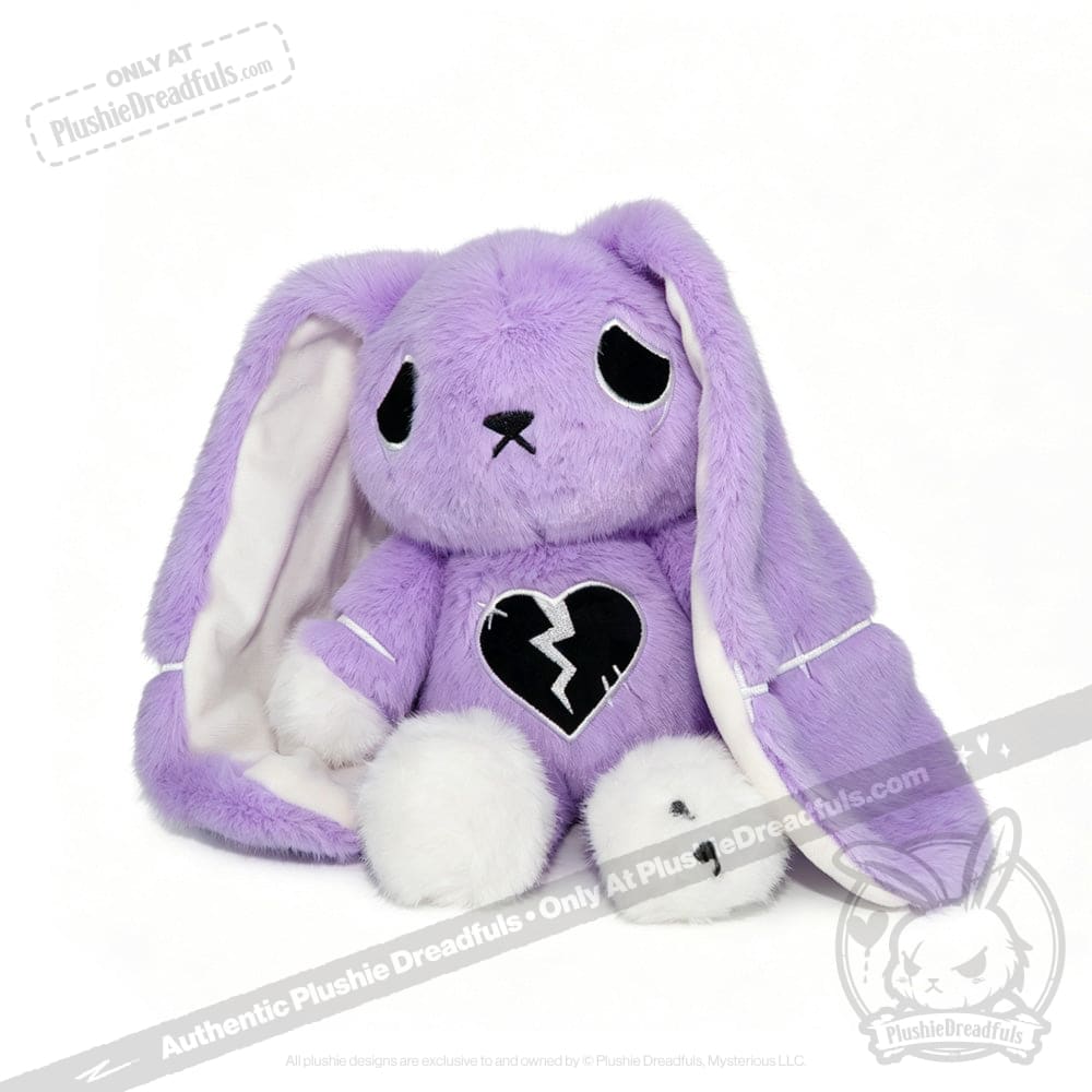 LIMITED EDITION purple plush bunny with droopy ears, semicolon symbol, and a broken heart—supports depression awareness.