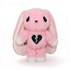 Pink plush bunny with long ears and a semicolon symbol on its chest, supporting mental health and depression awareness.
