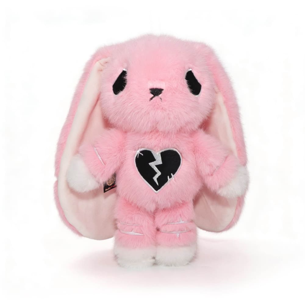 Pink plush bunny with long ears and a semicolon symbol on its chest, supporting mental health and depression awareness.