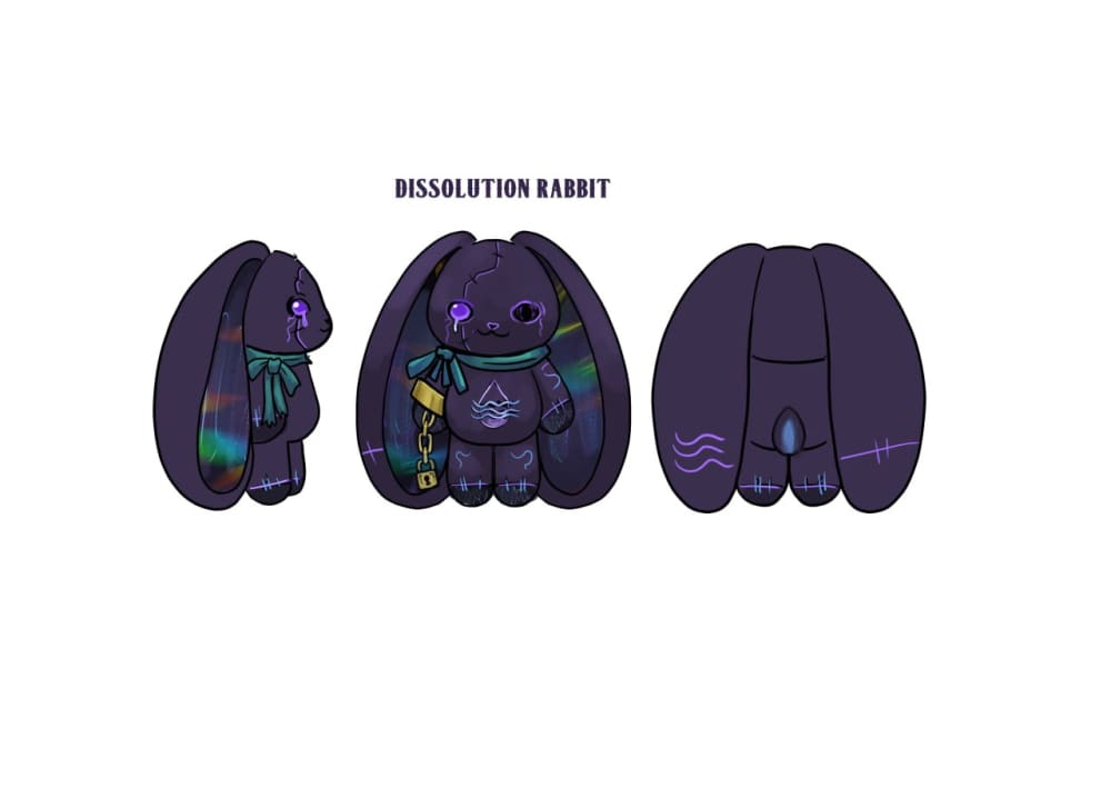 A purple plushie rabbit with long ears, green scarf, and gold key, shown from three angles. Sign up to be notified!.