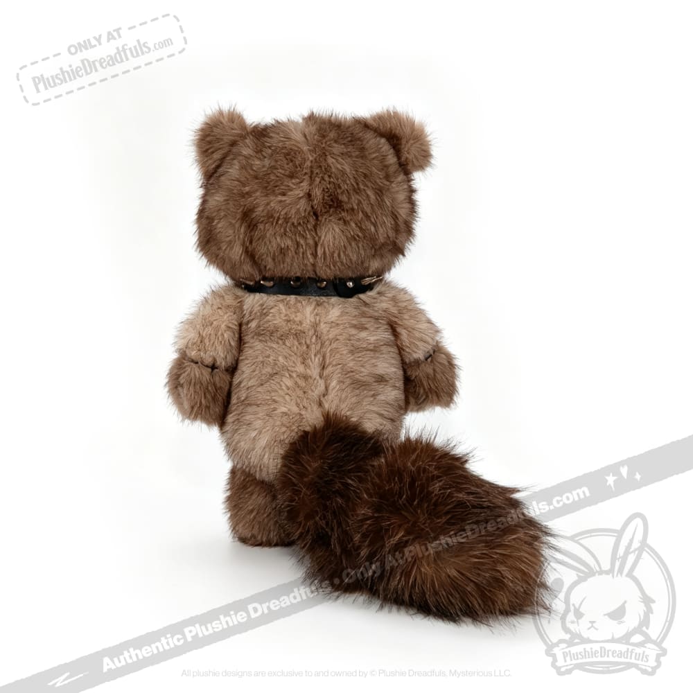 A Plushie Dreadfuls raccoon with a fluffy tail and black collar, shown from the back on a white background.