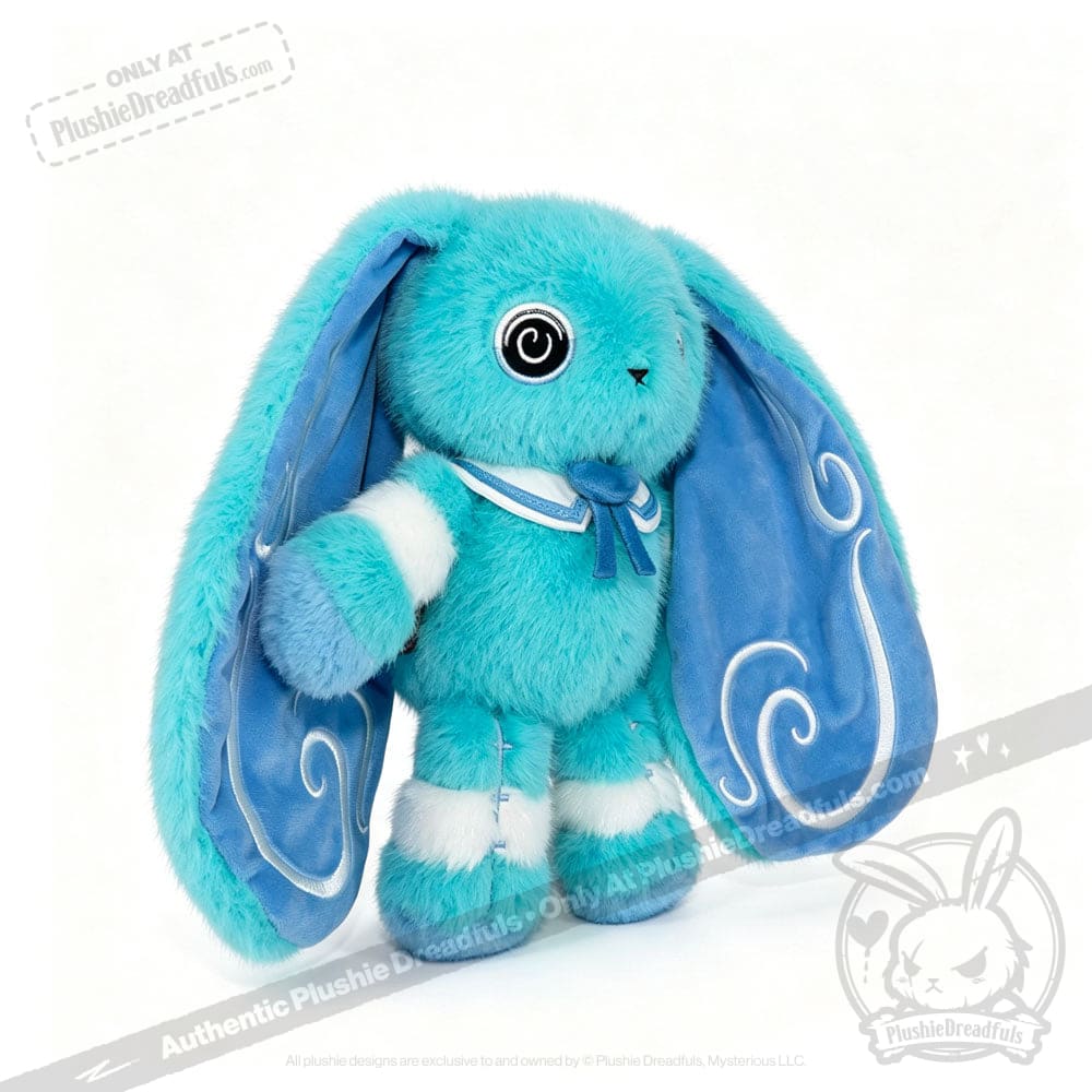 Blue plush Dysautonomia Rabbit with long ears, white accents, and swirls, sporting a small sailor collar.