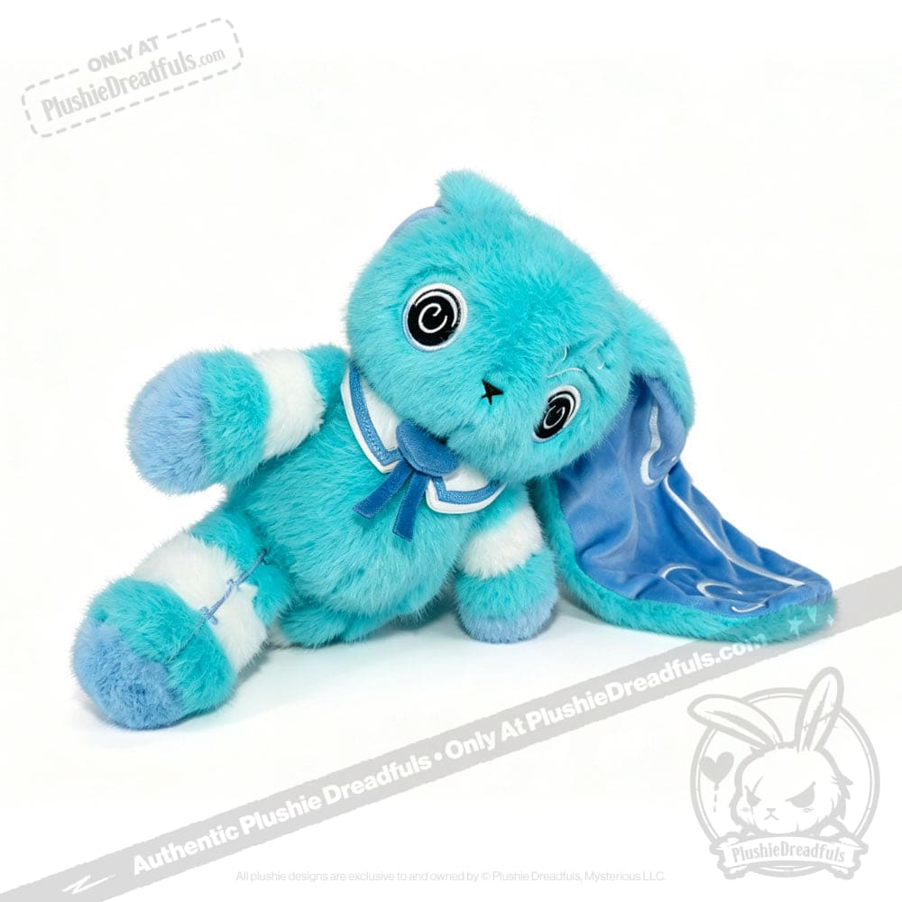Blue and white Dysautonomia Rabbit plush with a droopy ear, spiral eyes, and a blue ribbon, sitting on its side.