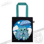 Black tote bag featuring a cute blue cartoon dog under an umbrella, inspired by Dysautonomia Rabbit in a sky scene.