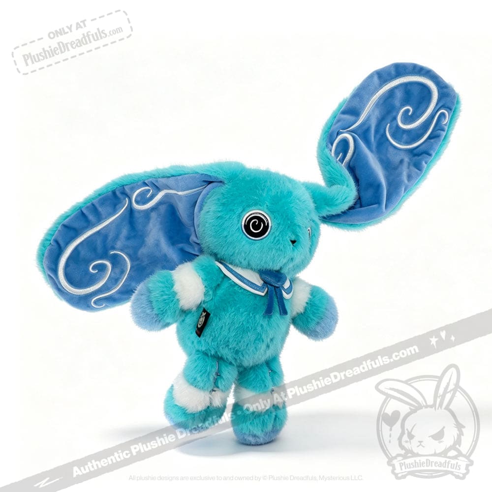 Dysautonomia Rabbit plush toy with large blue ears, swirling patterns, white stripes, and a blue scarf.