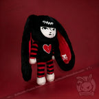 Autographed Emily the Strange and Plushie Dreadful Rabbit collaboration collector set with a black and red goth bunny plush toy, an I Love Cats canvas tote bag, ink pen, coin purse, and signed card by American McGee and Rob Reger.