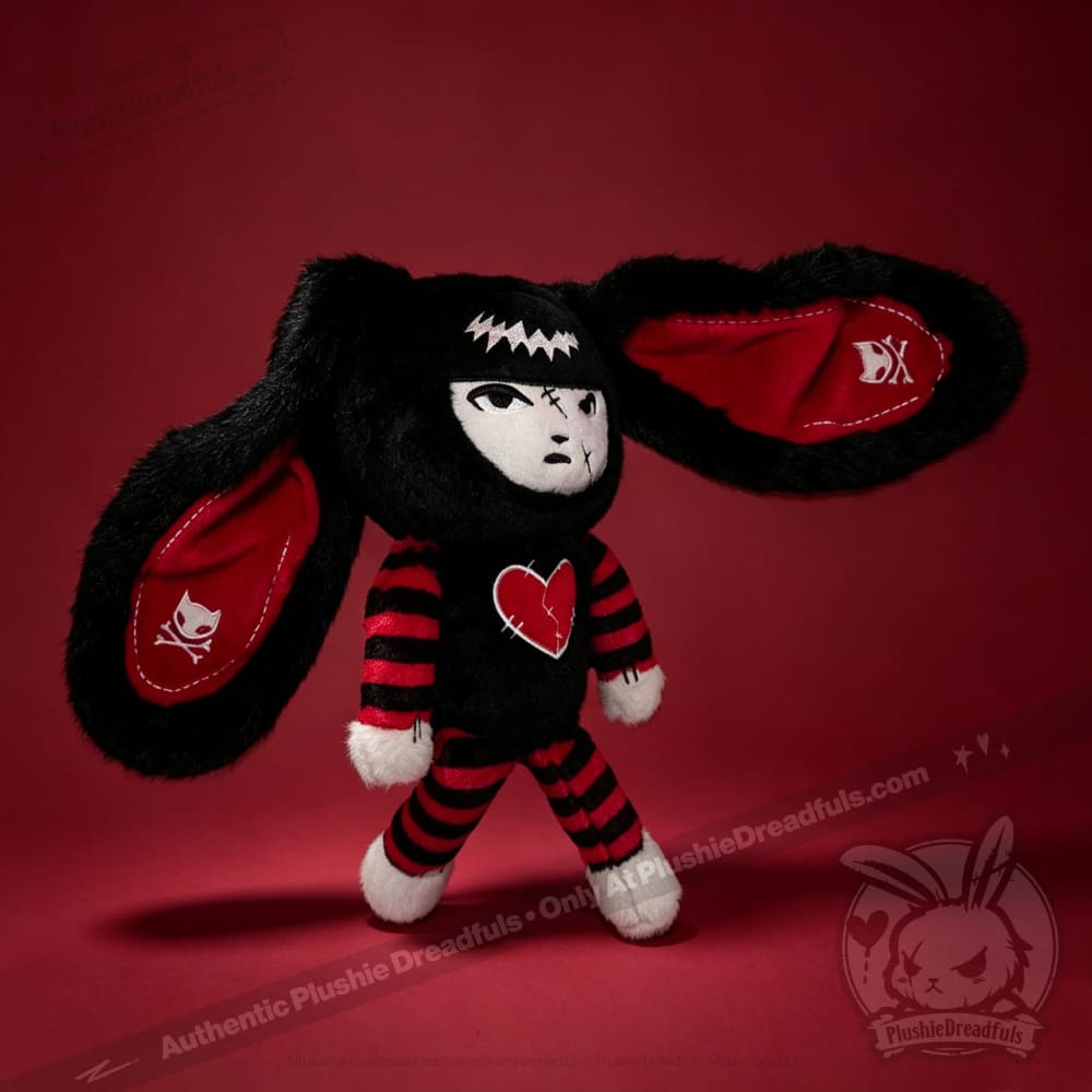 Autographed Emily the Strange and Plushie Dreadful Rabbit collaboration collector set with a black and red goth bunny plush toy, an I Love Cats canvas tote bag, ink pen, coin purse, and signed card by American McGee and Rob Reger.