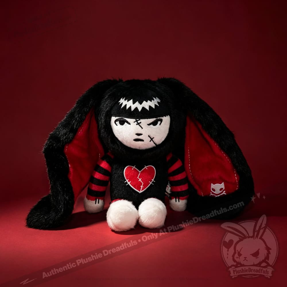 Autographed Emily the Strange and Plushie Dreadful Rabbit collaboration collector set with a black and red goth bunny plush toy, an I Love Cats canvas tote bag, ink pen, coin purse, and signed card by American McGee and Rob Reger.