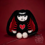 Autographed Emily the Strange and Plushie Dreadful Rabbit collaboration collector set with a black and red goth bunny plush toy, an I Love Cats canvas tote bag, ink pen, coin purse, and signed card by American McGee and Rob Reger.