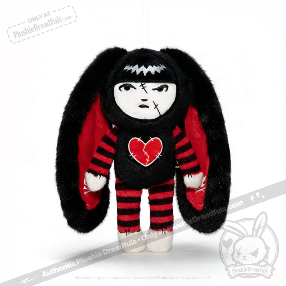 Limited edition Emily the Strange Plushie Dreadfuls plush toy with black bunny ears, striped outfit, and a broken heart chest.