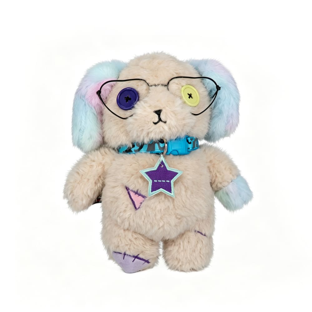 Plushie Dreadfuls Emotional Neglect Puppy: pastel plush dog with button eyes, glasses, blue collar, and purple star tag.