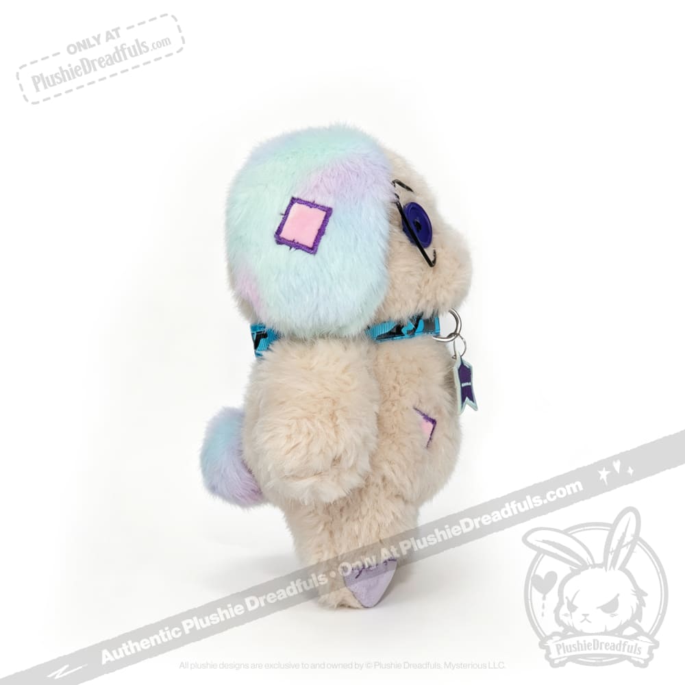 Emotional Neglect Puppy by Plushie Dreadfuls: plush toy with pastel fur, purple-blue accents, on white background.