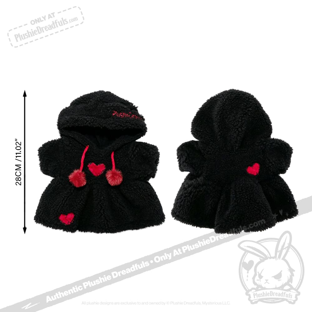 Black Plushie Dreadfuls hoodie coat with red hearts, pom-pom ties; fuzzy 28cm style shown front and back.