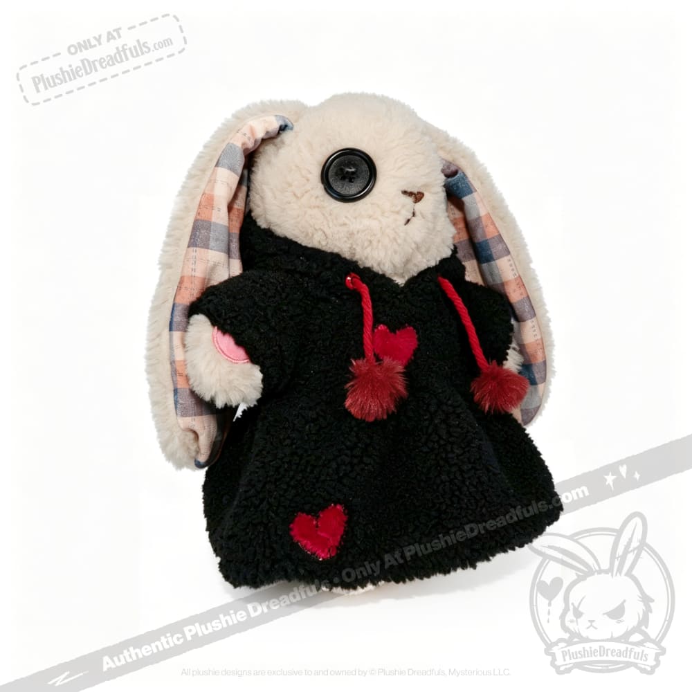Plushie Dreadfuls bunny with button eyes, plaid ears, and a plushie hoodie with red hearts, standing upright.