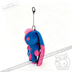 Gemini Rabbit plush blue and pink bunny keychain with button eyes, zipper belly, and metal clip against a white background.