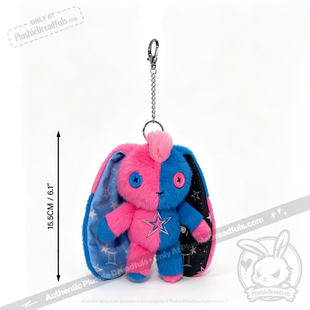 Gemini Rabbit plush keychain, half pink and half blue with stars and big ears, measures 15.5 cm tall.