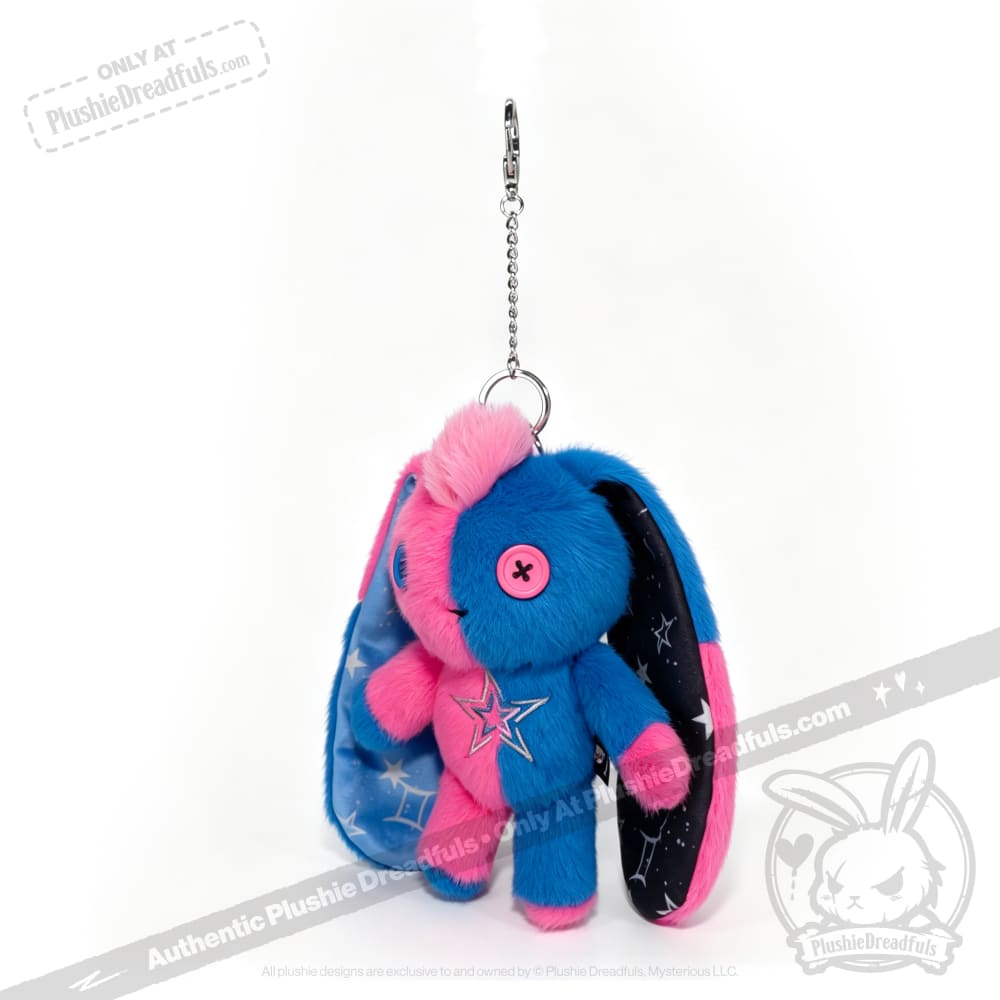 Gemini Rabbit plush keychain in blue and pink, with starry ears and a cute pink button eye—Plushie Dreadfuls style!.