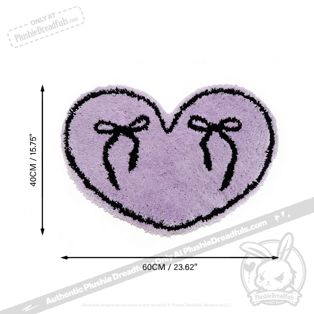 Heart-shaped purple goth floor rug with two black bows, 40x60 cm, displayed on a white background.