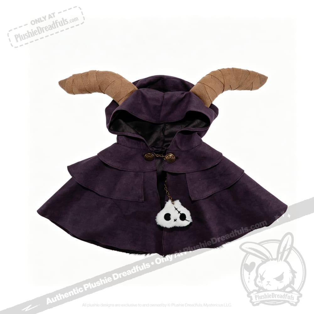 A dark purple Plushie Dreadfuls horned cloak with brown curled horns and a small white plush skull accessory.