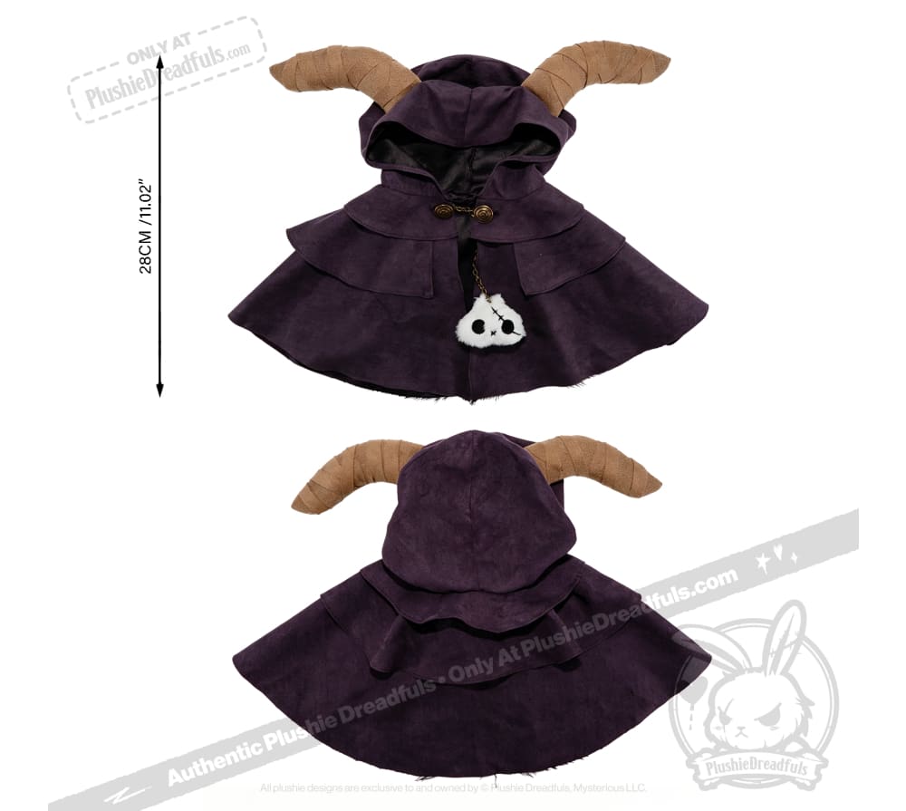 Purple hooded cape plushie by Plushie Dreadfuls with ram horns, layered design, and skull charm; 28cm/11” tall.