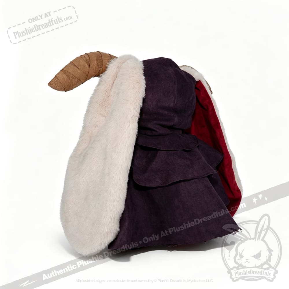 A cloaked figure with white fur, curled horns, and a red-lined Plushie Cloak stands facing away.