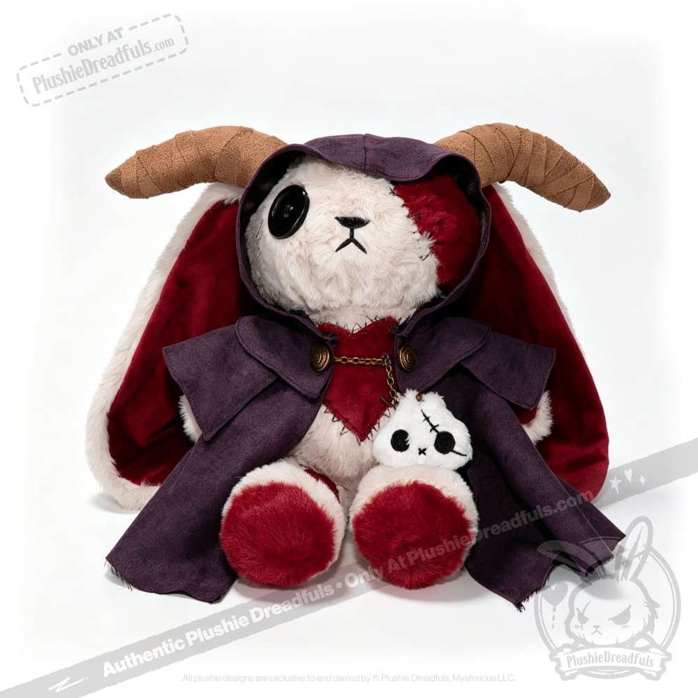 Horned Cloak bunny plushie, in a purple cloak, cuddles a smaller Plushie Dreadfuls companion against a white background.