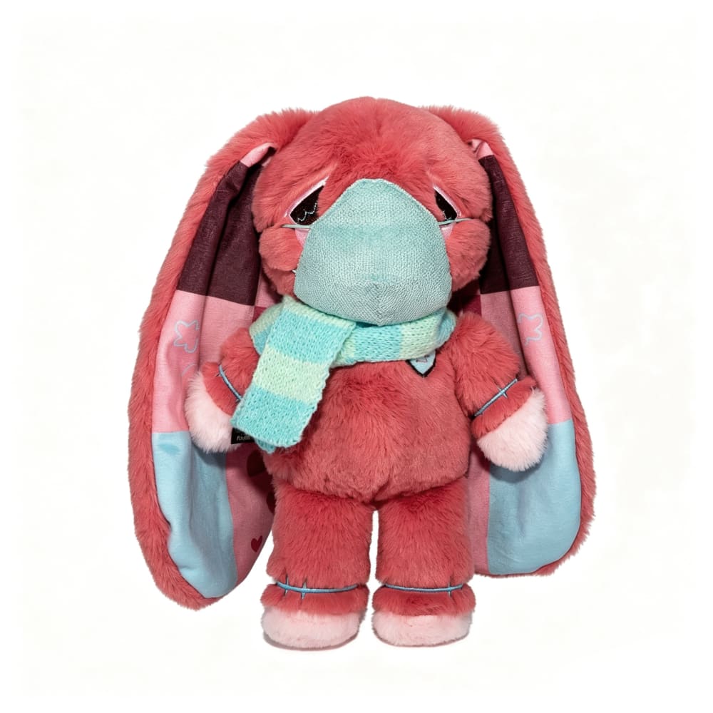 A pink stuffed bunny with long floppy ears, a blue face mask, and scarf—perfect as a Long COVID plushie.