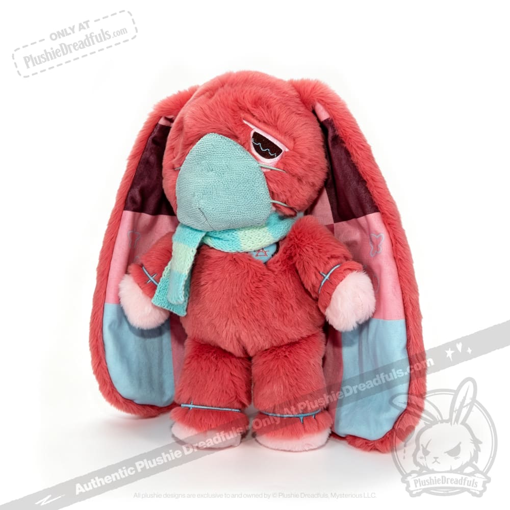 Red plush bunny with long ears, blue mask and scarf—an ideal awareness rabbit or chronic illness gift on a white background.
