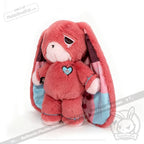 Pink plush bunny with long ears, heart patch, and colorful lining—perfect as an awareness rabbit or chronic illness gift.