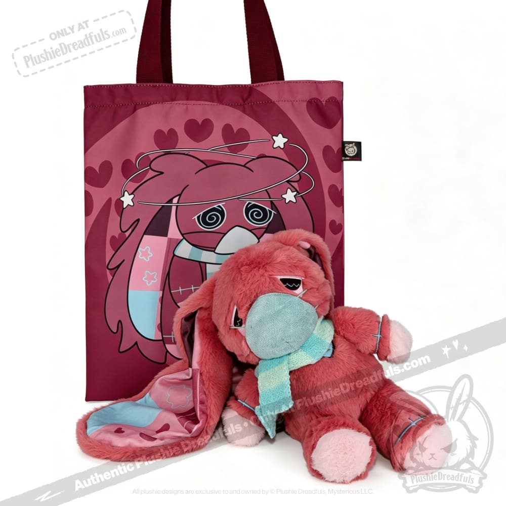 Pink tote with an awareness rabbit cartoon and a matching plush bunny—perfect chronic illness gift for all ages.
