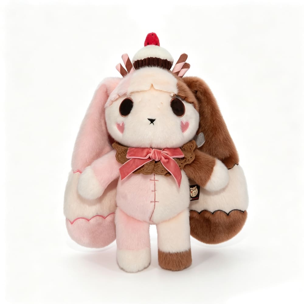 Neapolitan Bunny: Super soft rabbit with pink and brown fur, cupcake hat, heart cheeks, and a cute ribbon bow.