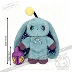 Blue plush bunny with purple paws, yellow pompom, and lantern. Height: 28cm. Pisces Rabbit plush zodiac stuffed animal.