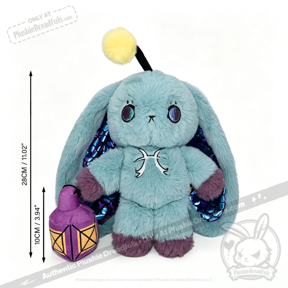 Blue plush bunny with purple paws, yellow pompom, and lantern. Height: 28cm. Pisces Rabbit plush zodiac stuffed animal.