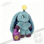 Blue plush bunny with shiny eyes, blue-patterned ears—this Pisces Rabbit plush holds a purple lantern and yellow pompom.