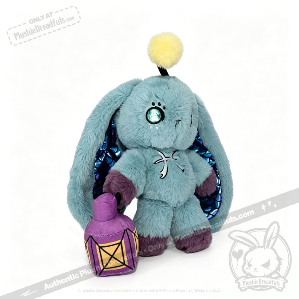 Blue plush bunny with shiny eyes, blue-patterned ears—this Pisces Rabbit plush holds a purple lantern and yellow pompom.