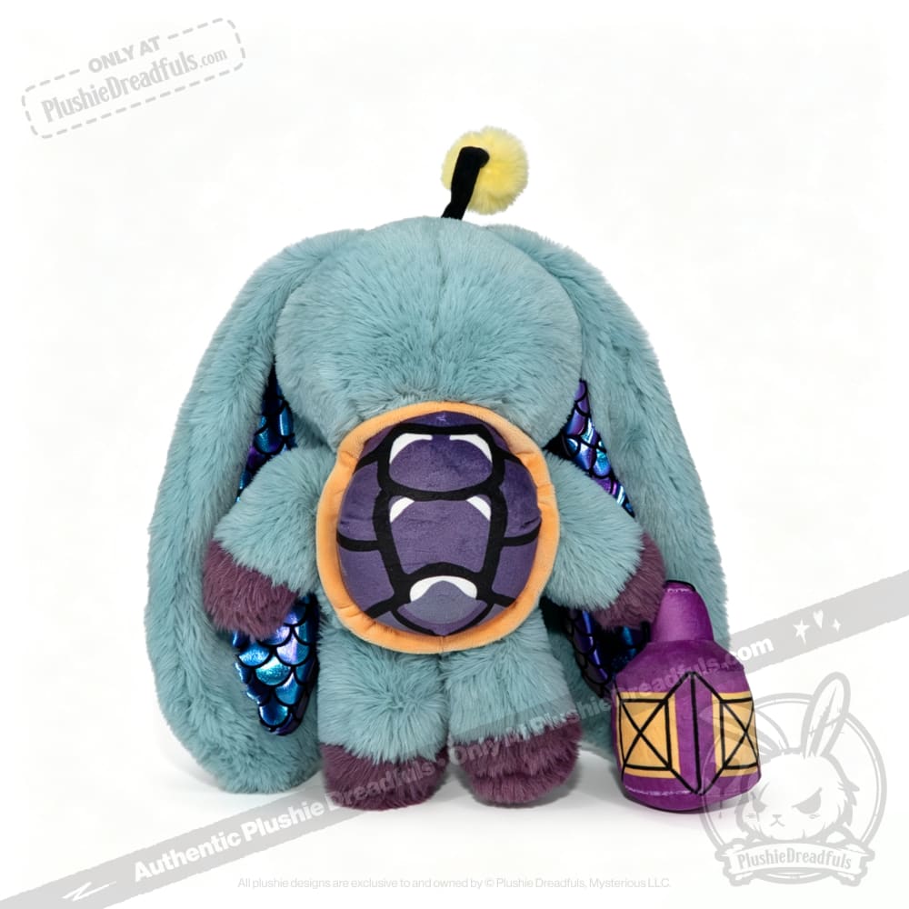 A Pisces Rabbit plush with long ears, a turtle shell, and a purple lantern—a unique zodiac stuffed animal.